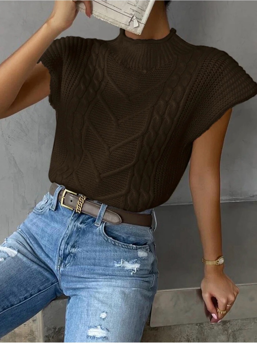 Commense Plain Cap Sleeve Sweater Vest